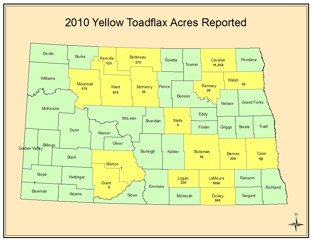 2010 Yellow Toadflax Acres Reported Map