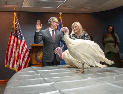 Governor Doug Burgum with live turkeys