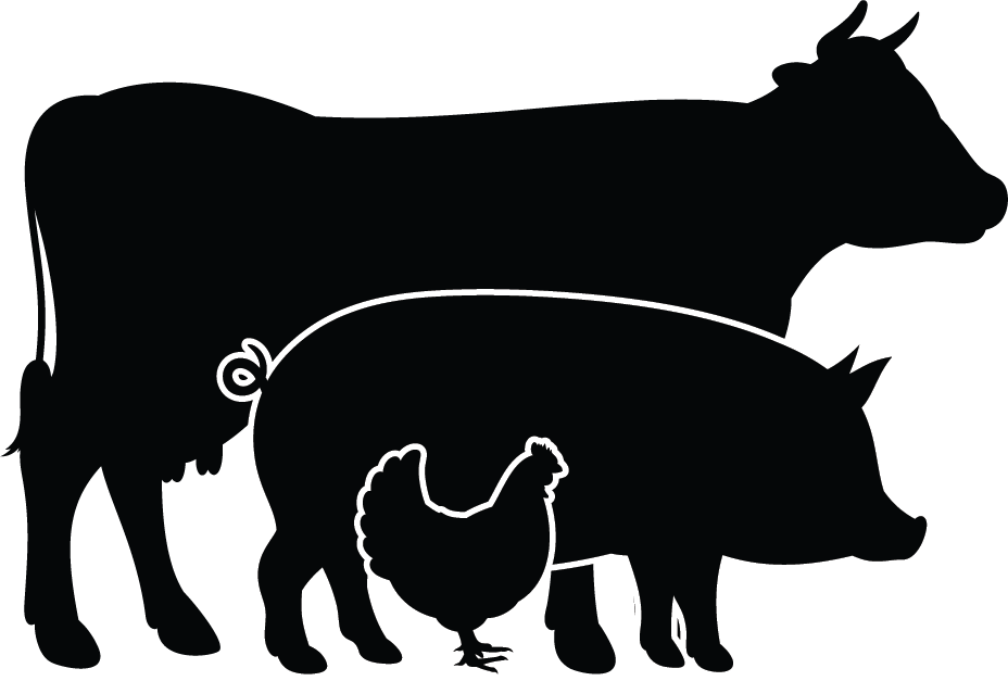 Silhouette of cow, pig and chicken