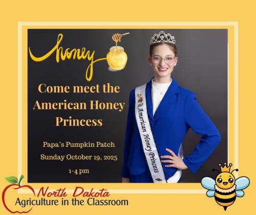 An ad showing the American Honey Princess in crown and sash inviting people to visit her at Papa's Pumpkin Patch on Sunday, Oct. 19, 2025, from 1-4 pm
