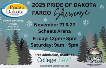 Graphic with Pride of Dakota Fargo Holiday Showcase details, Nov. 21-22, 2025 at Scheels Arena